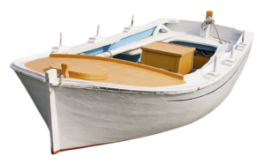 a white and blue boat